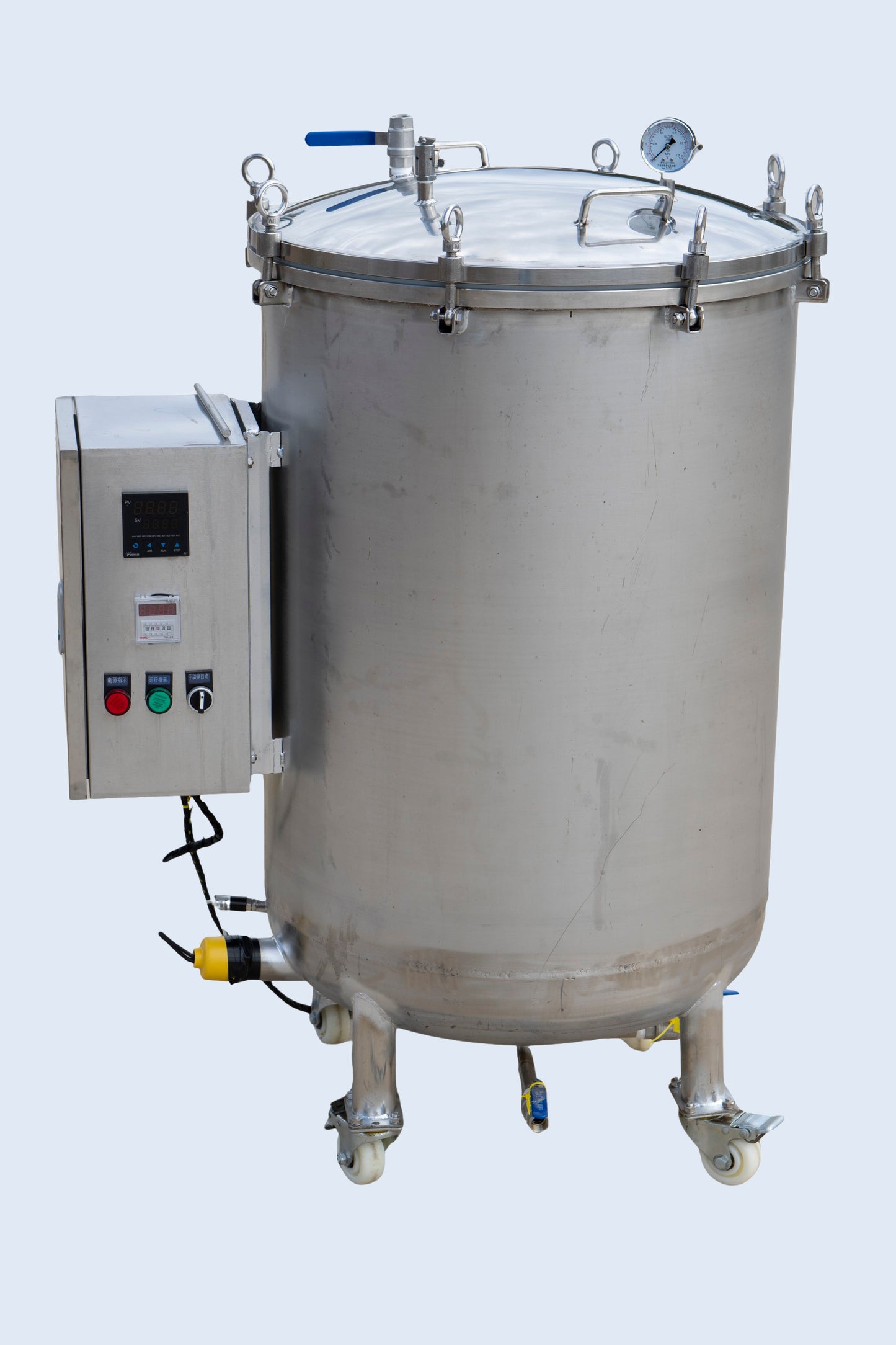 200L (53 gal) Programmable Autoclave for Mushroom Substrate — 304 Stainless, 6 kW/240 V, Stable 250 °F (121 °C, ~15–20 psi), Pressure-Tested 12 h @ 0.2 MPa (29 psi), with Anti-Dry-Burn Protection