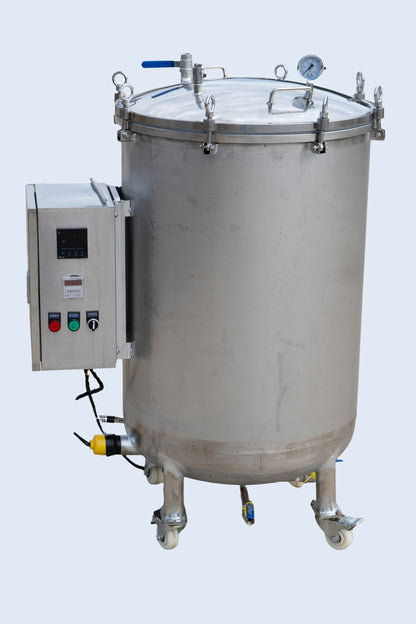 200L (53 gal) Programmable Autoclave for Mushroom Substrate — 304 Stainless, 6 kW/240 V, Stable 250 °F (121 °C, ~15–20 psi), Pressure-Tested 12 h @ 0.2 MPa (29 psi), with Anti-Dry-Burn Protection